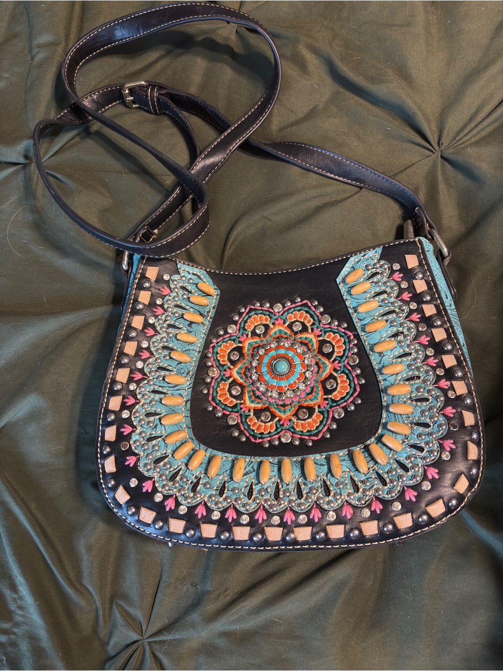 Concealed carry Montana West crossbody handbag Black and turquoise , multi color